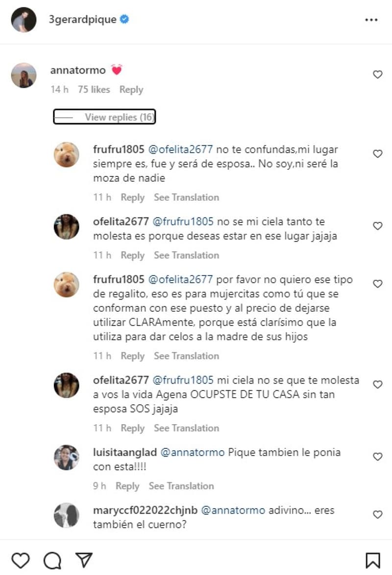 Anna Tormo comenta la foto de Piqué amb Clara Chía | Instagram
