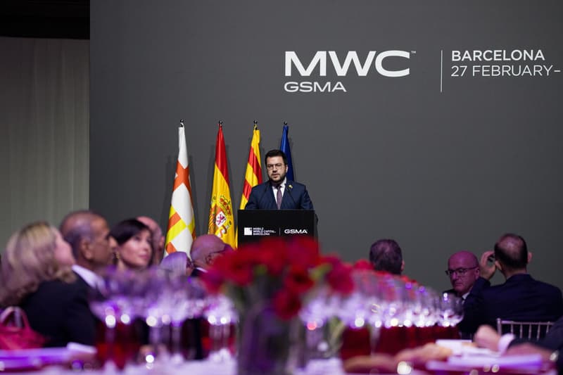 El president Aragonès, durant el seu discurs al sopar inaugural del MWC 2023