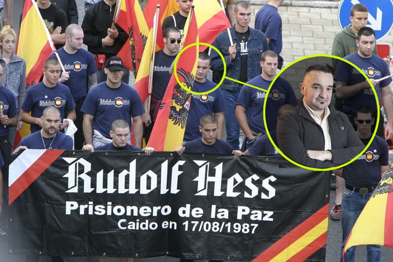 Fotomontaje donde aparece Alejandro Fernández Ruiz en una marcha neonazi en 2004 en Wumsiedel en homenaje a Rudolf Hess y, en el círculo, una fotografía de candidato por Barberà del Vallès