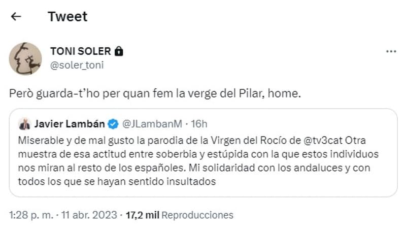 El tuit de Toni Soler, en respuesta a Javier Lambán | Twitter