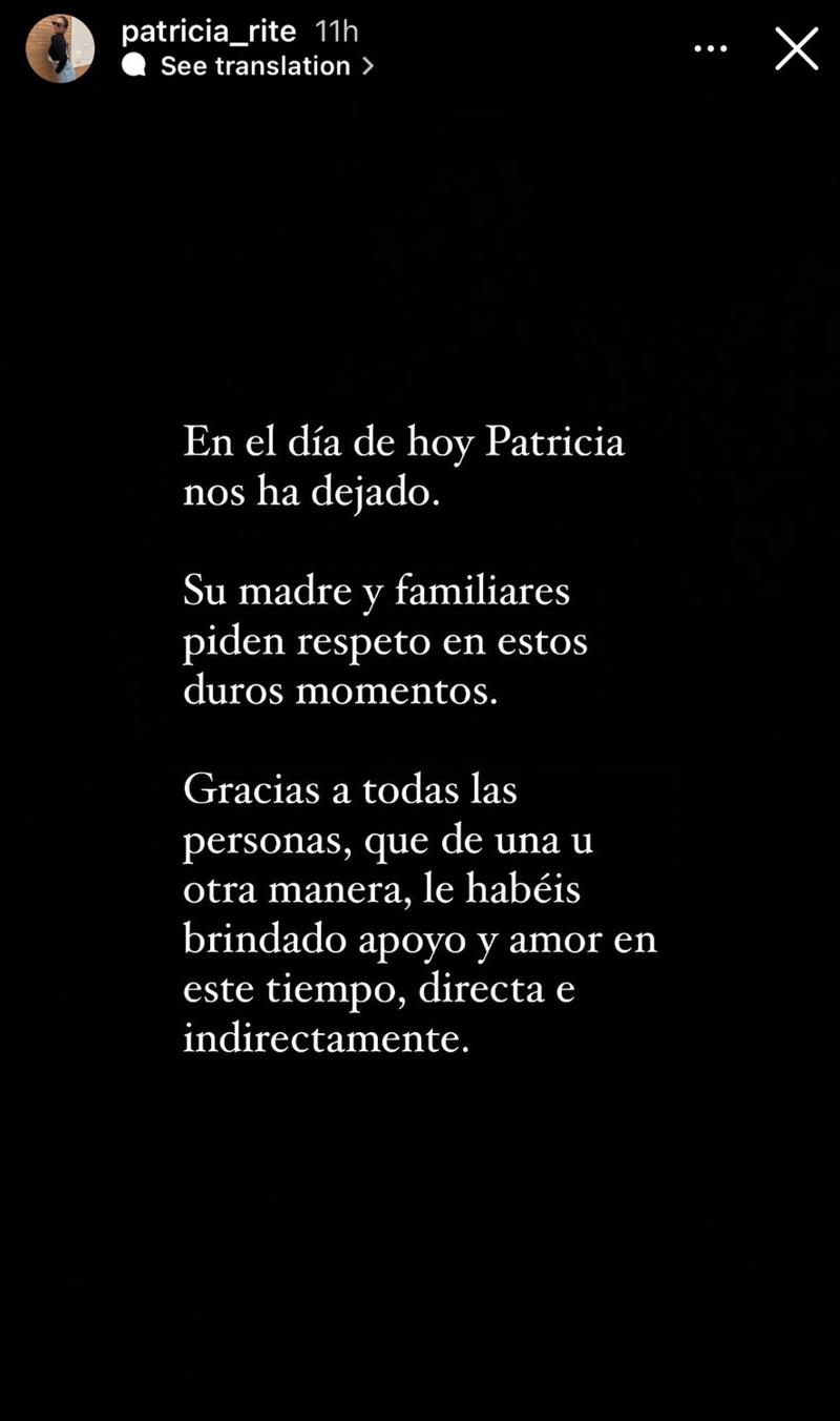 Comunicado de la familia de Patricia Rite, fallecida este domingo | Instagram