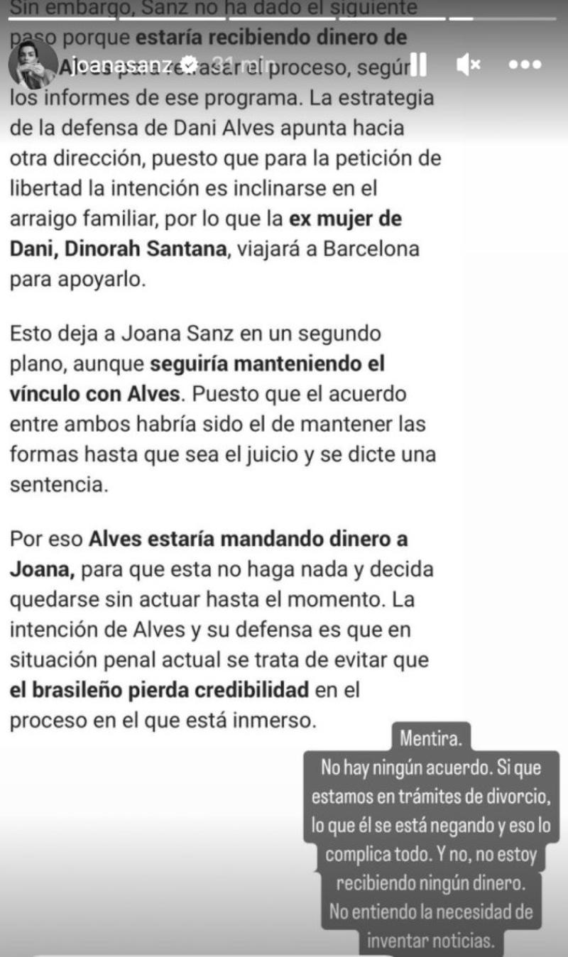 Joana Sanz nega un pacte amb Dani Alves i confirma els tràmits pel divorci | Instagram
