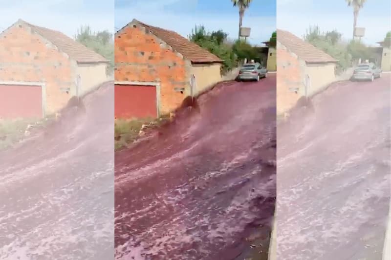 Un riu de vi negre baixant per un carrer d'un poble de Portugal