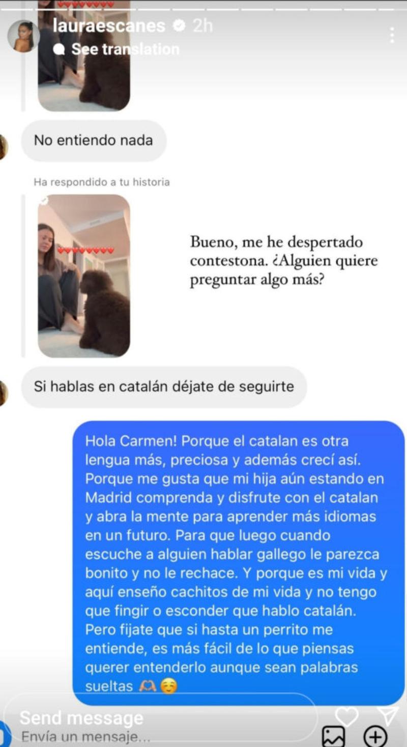 Laura Escanes responde a una seguidora catalanofóbica | Instagram