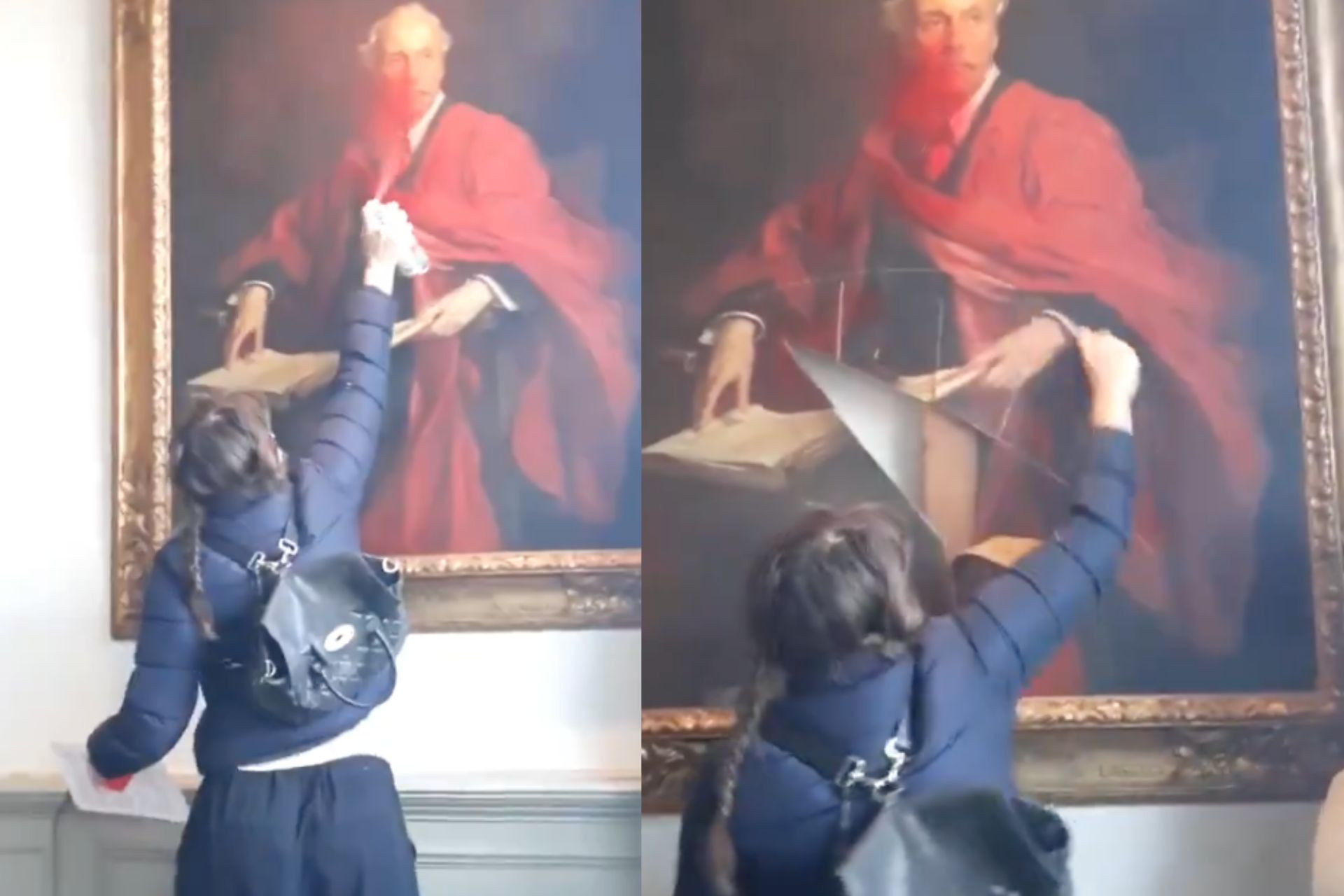 A masked Palestinian activist destroys a historic British painting
